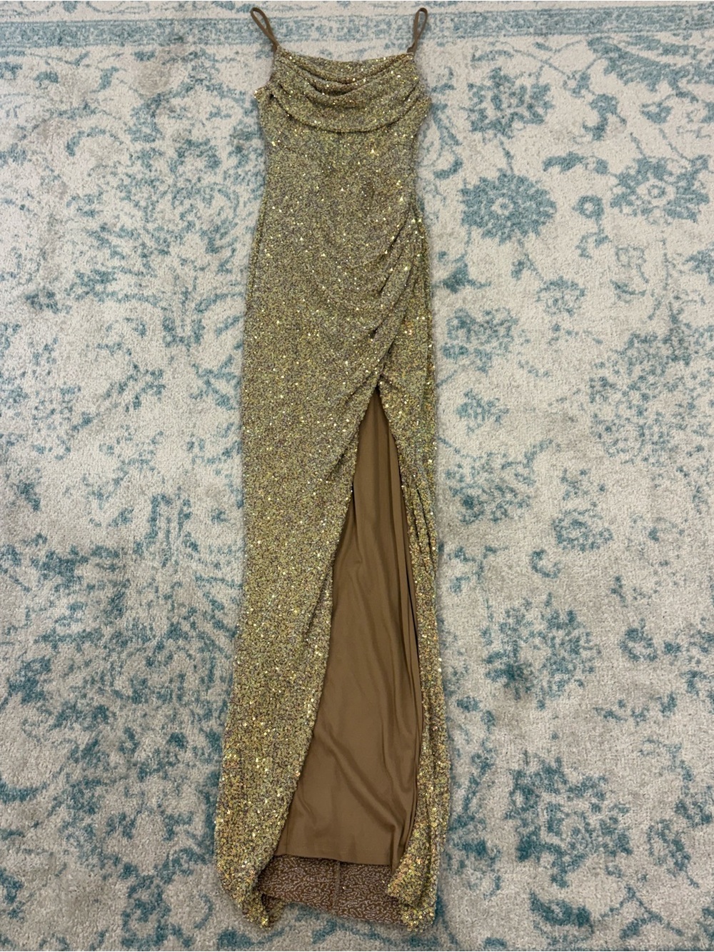 Baltic Born Gold Sequin Cowl-Neck Maxi Dress with High Slit